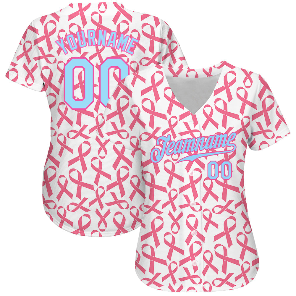 Custom Pink Light Blue-Pink 3D Pattern Design Breast Cancer Authentic Baseball Jersey view 2