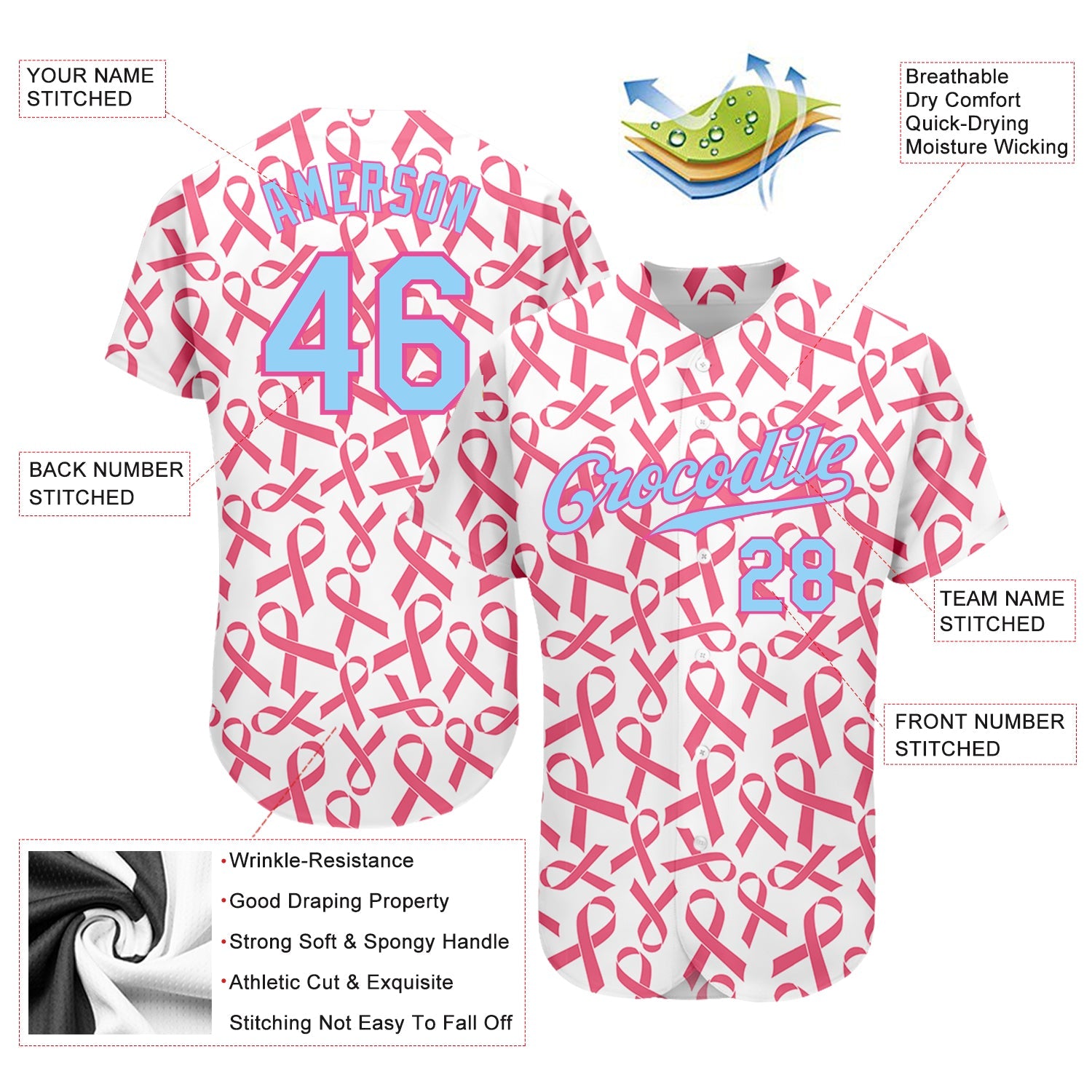 Custom Pink Light Blue-Pink 3D Pattern Design Breast Cancer Authentic Baseball Jersey view 3