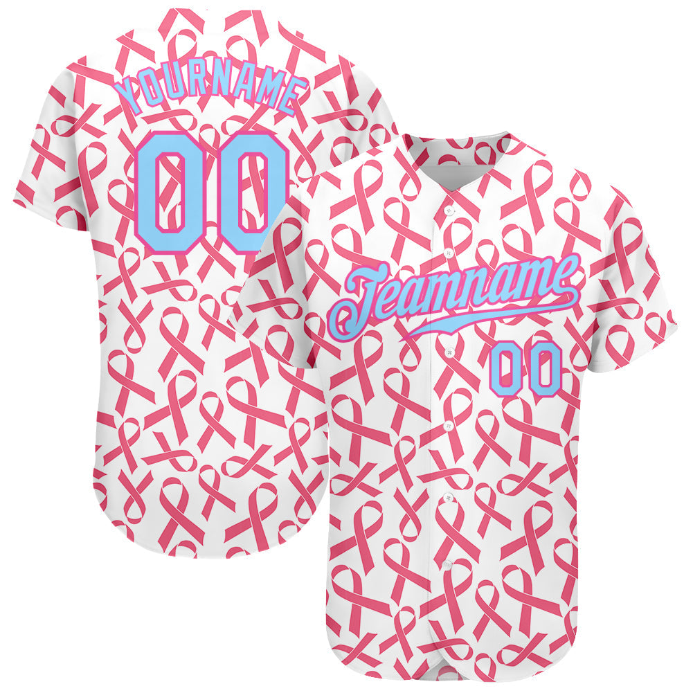 Custom Pink Light Blue-Pink 3D Pattern Design Breast Cancer Authentic Baseball Jersey - Main View