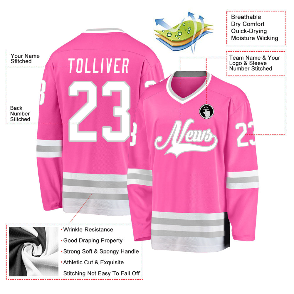 Custom Pink White-Gray Hockey Jersey view 4