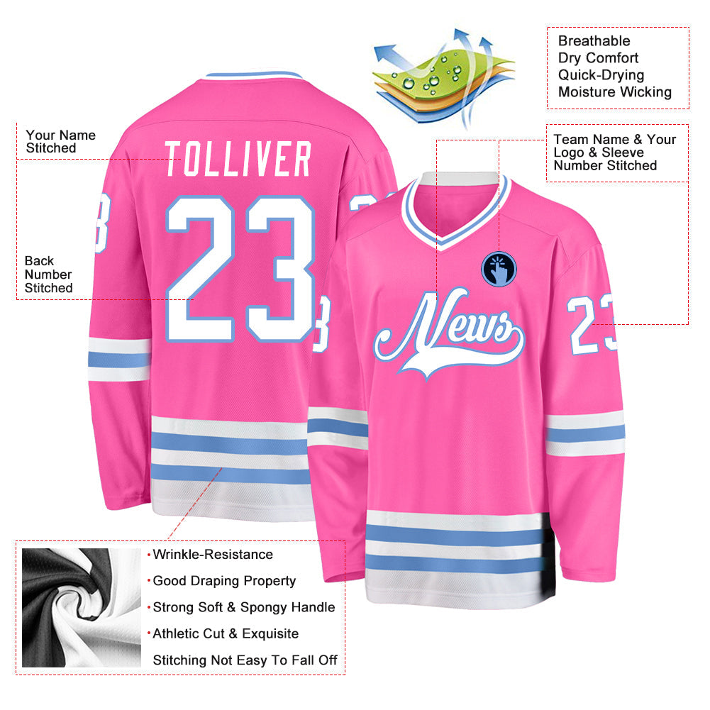 Custom Pink White-Light Blue Hockey Jersey view 4