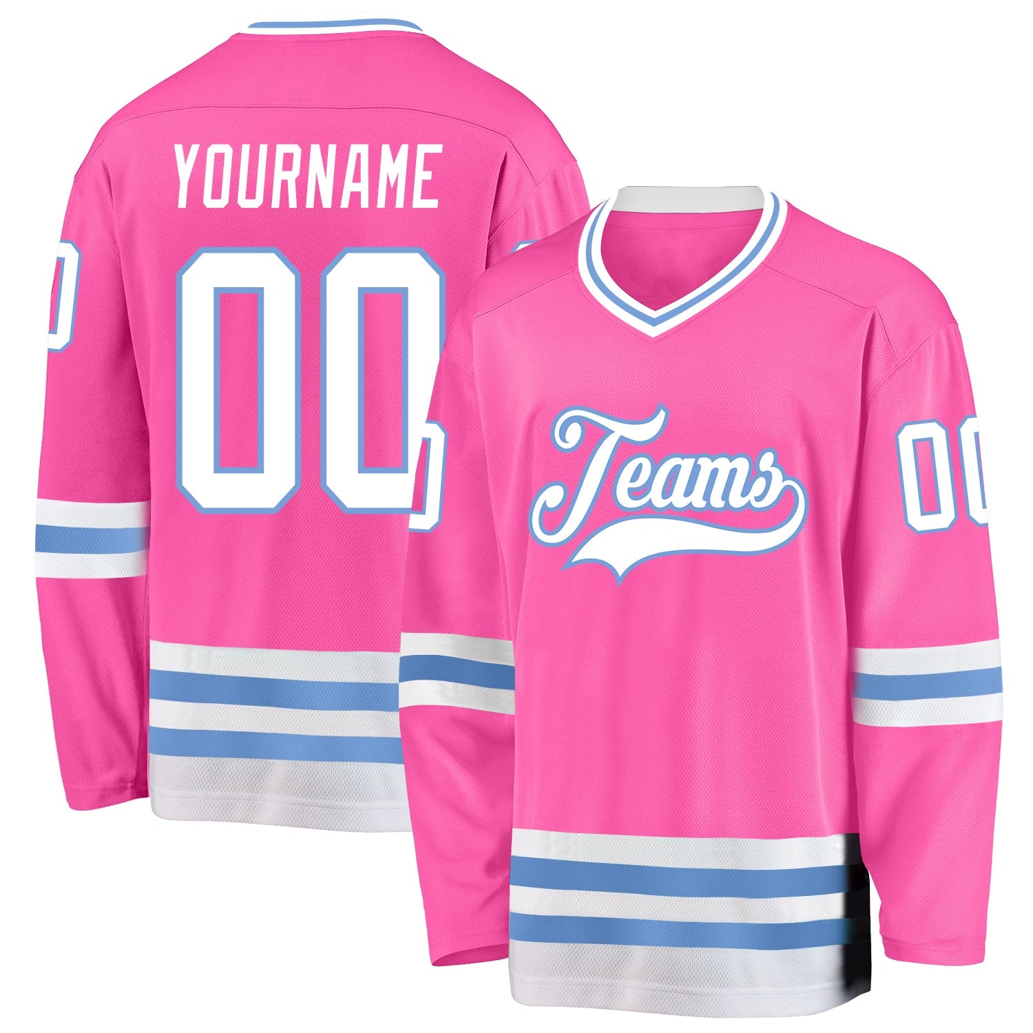 Custom Pink White-Light Blue Hockey Jersey - Main View