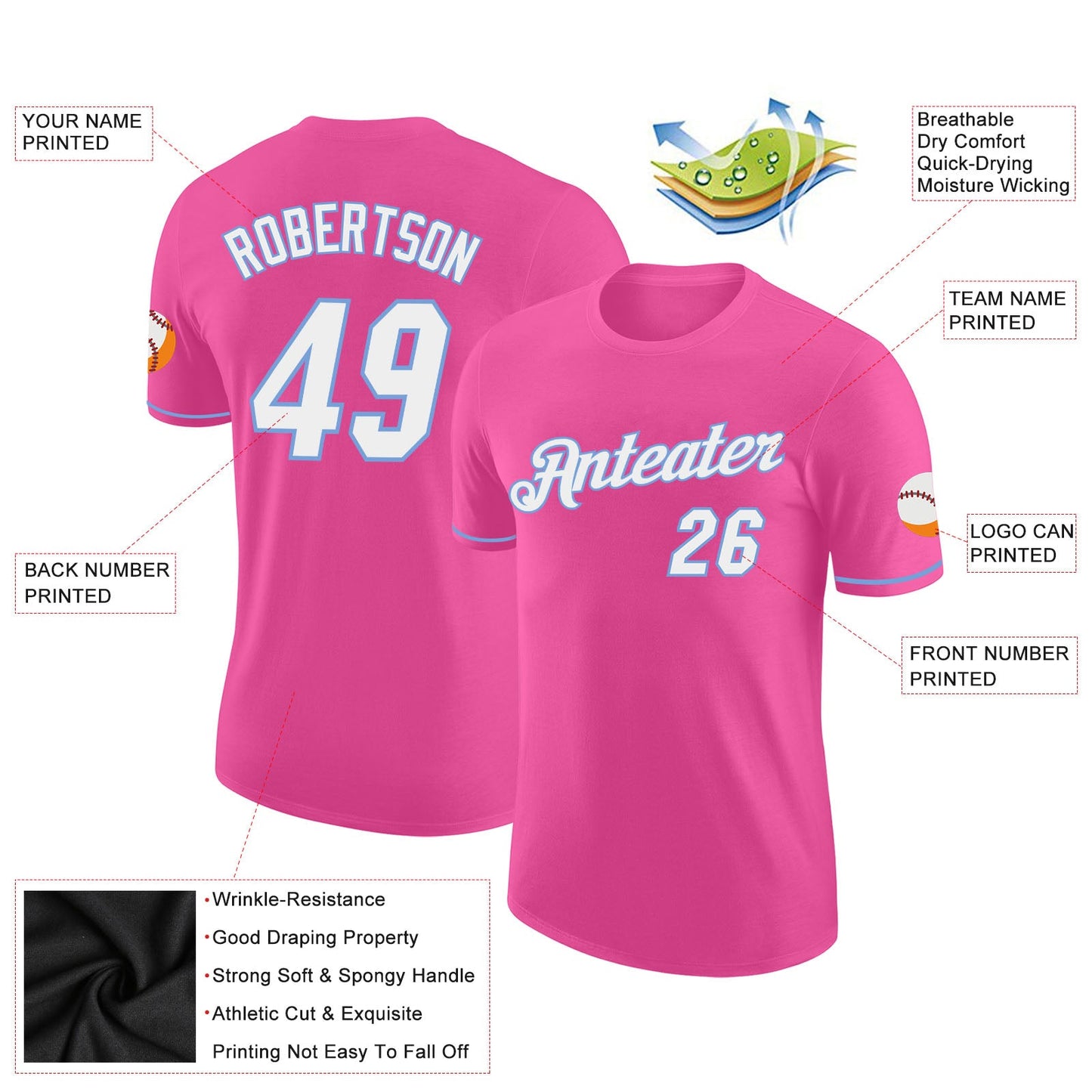 Custom Pink White-Light Blue Performance T-Shirt view 2