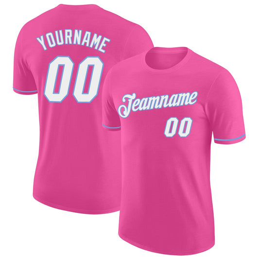 Custom Pink White-Light Blue Performance T-Shirt - Main View