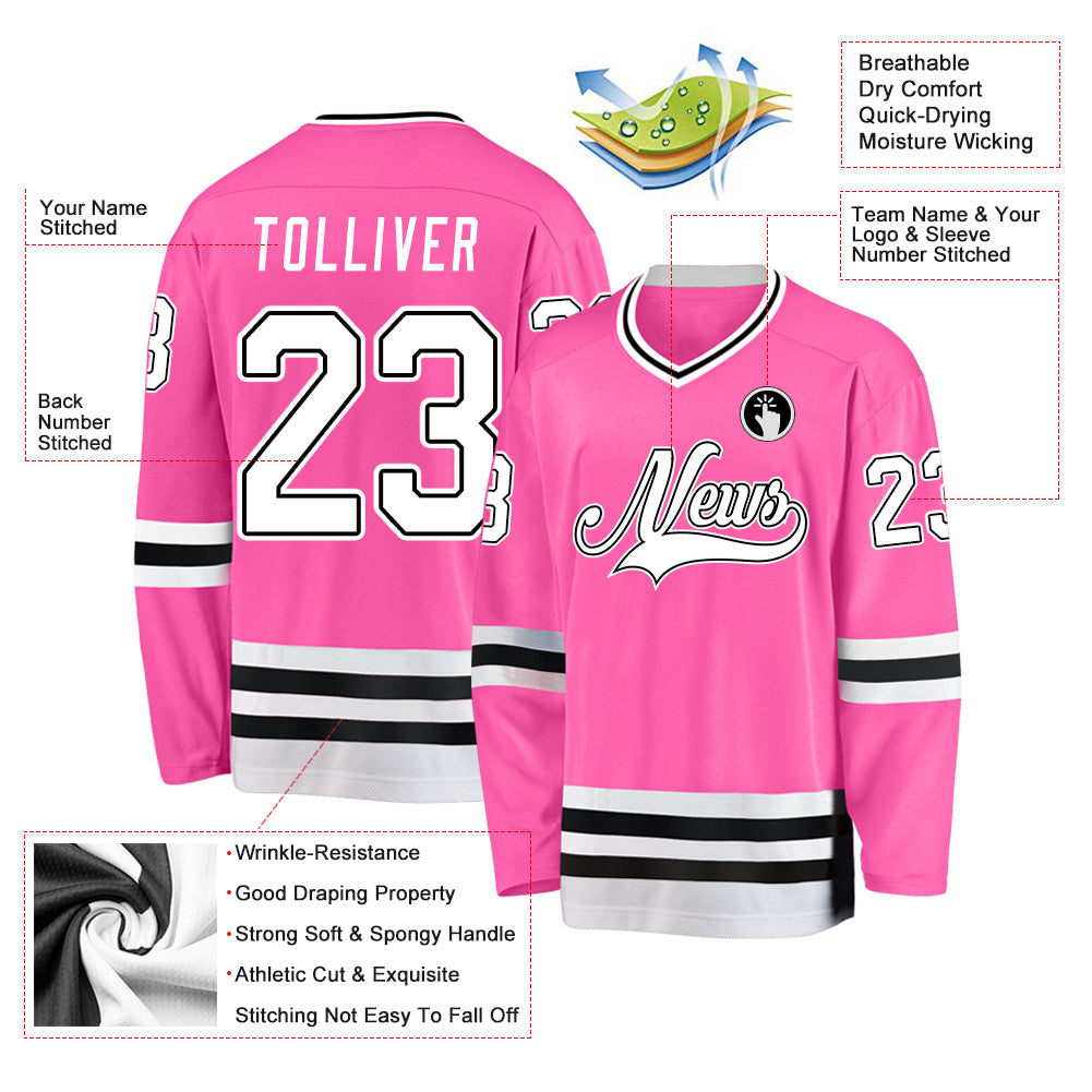 Custom Pink White-Black Hockey Jersey view 2