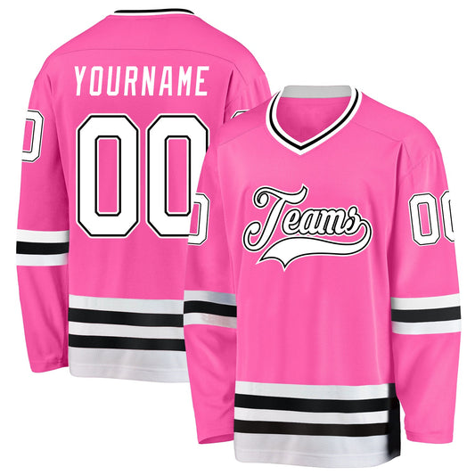 Custom Pink White-Black Hockey Jersey - Main View