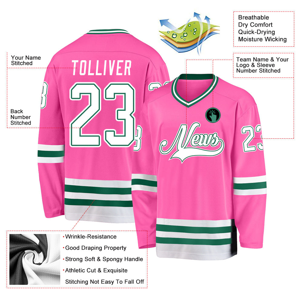 Custom Pink White-Kelly Green Hockey Jersey view 2