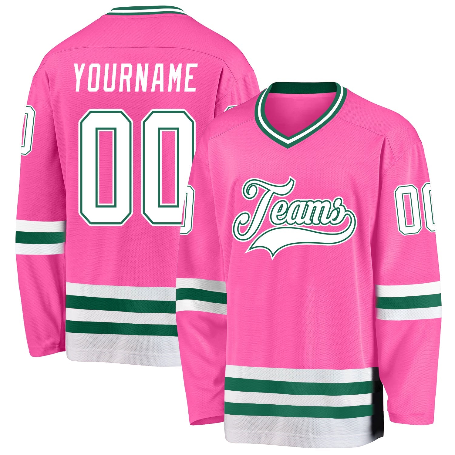 Custom Pink White-Kelly Green Hockey Jersey - Main View