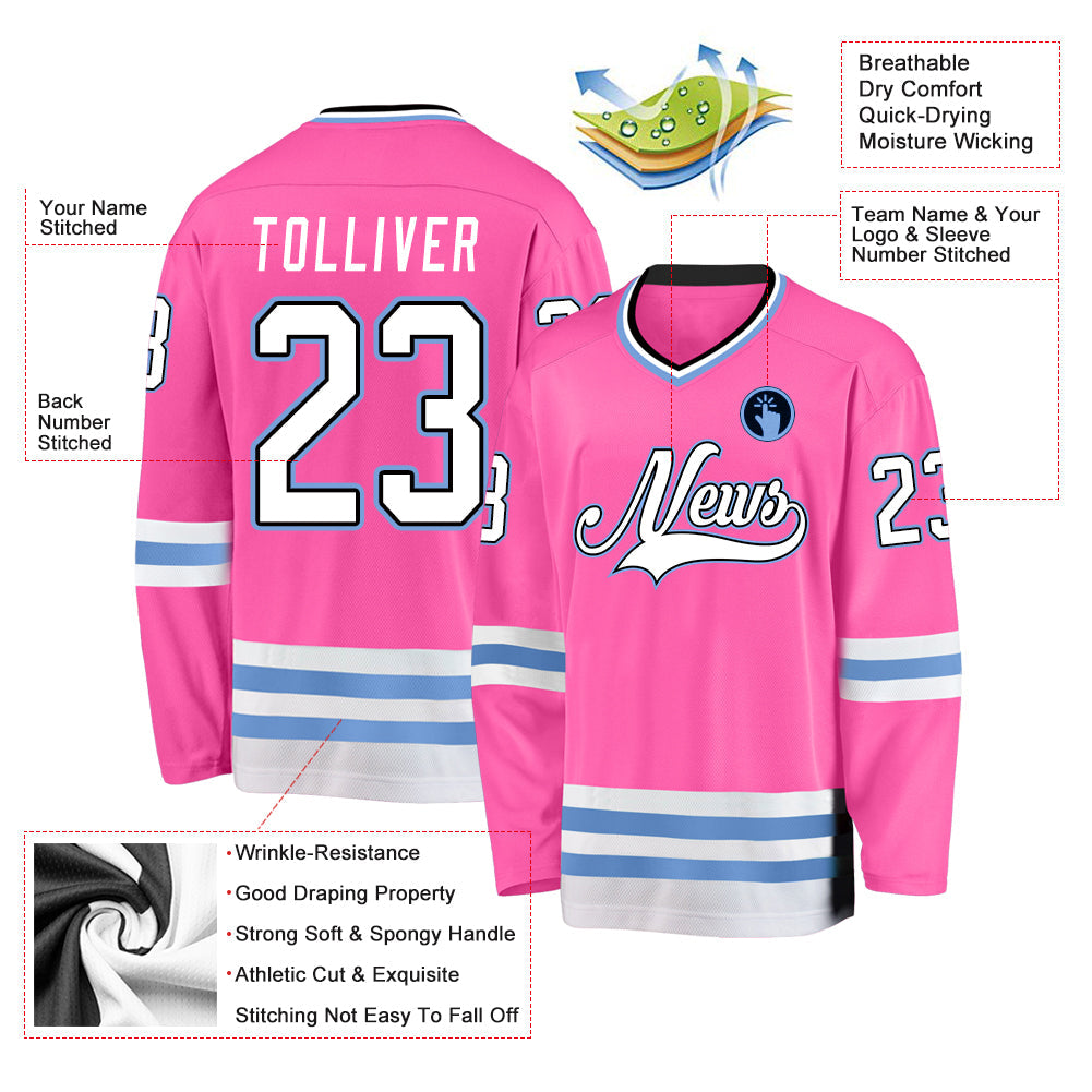 Custom Pink White-Light Blue Hockey Jersey view 2