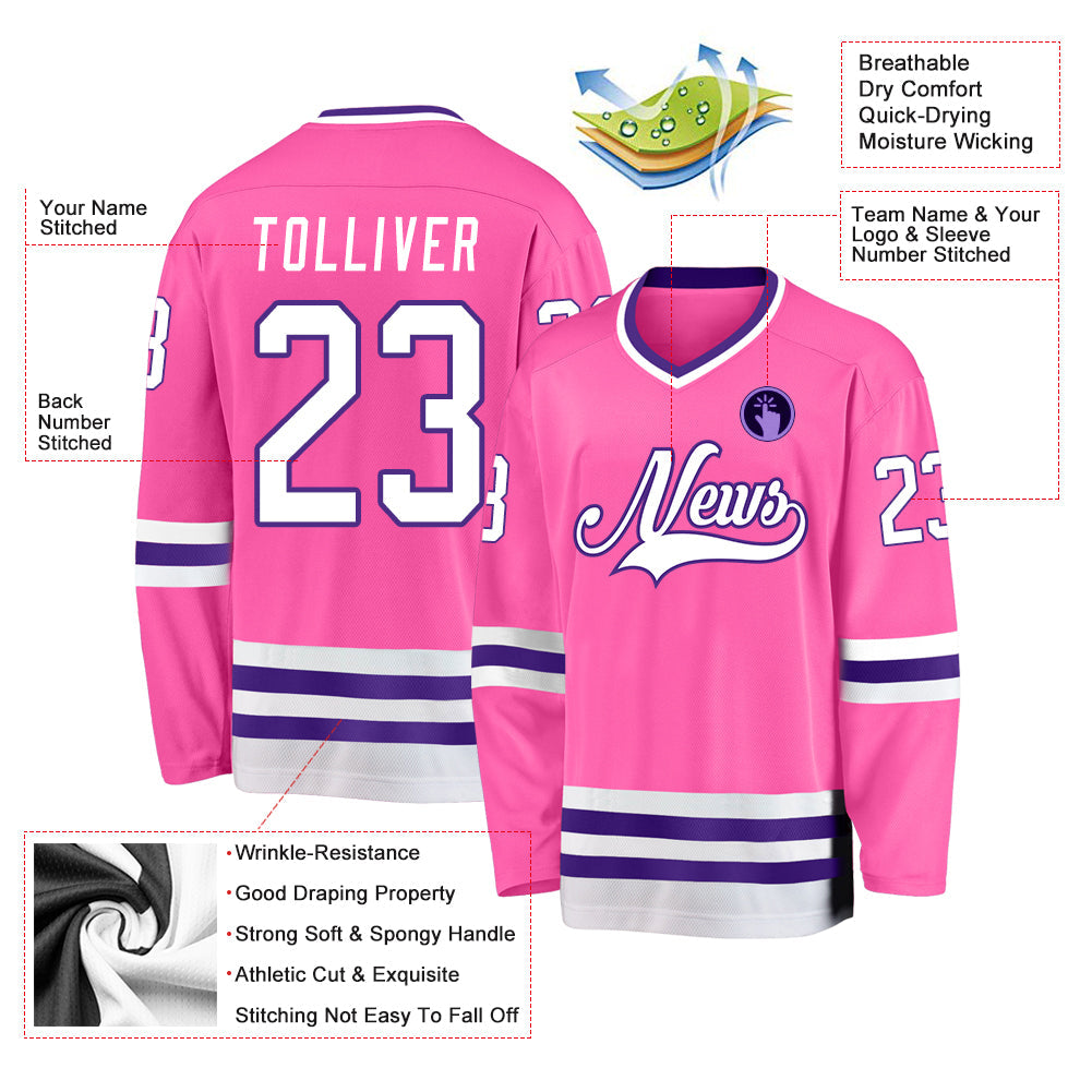 Custom Pink White-Purple Hockey Jersey view 2