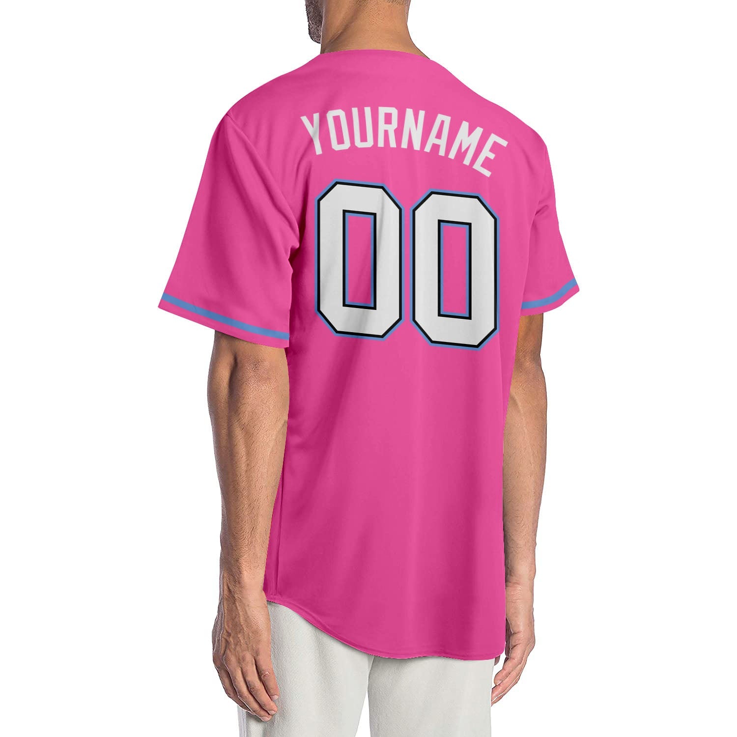 Custom Pink White-Light Blue Authentic Baseball Jersey view 2