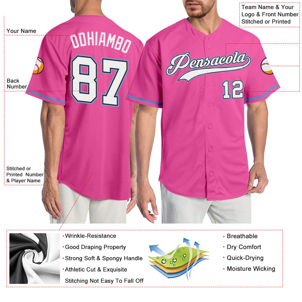 Custom Pink White-Light Blue Authentic Baseball Jersey view 3