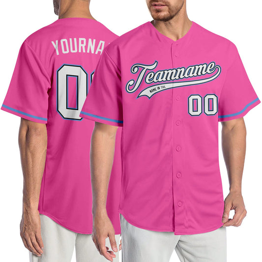 Custom Pink White-Light Blue Authentic Baseball Jersey - Main View