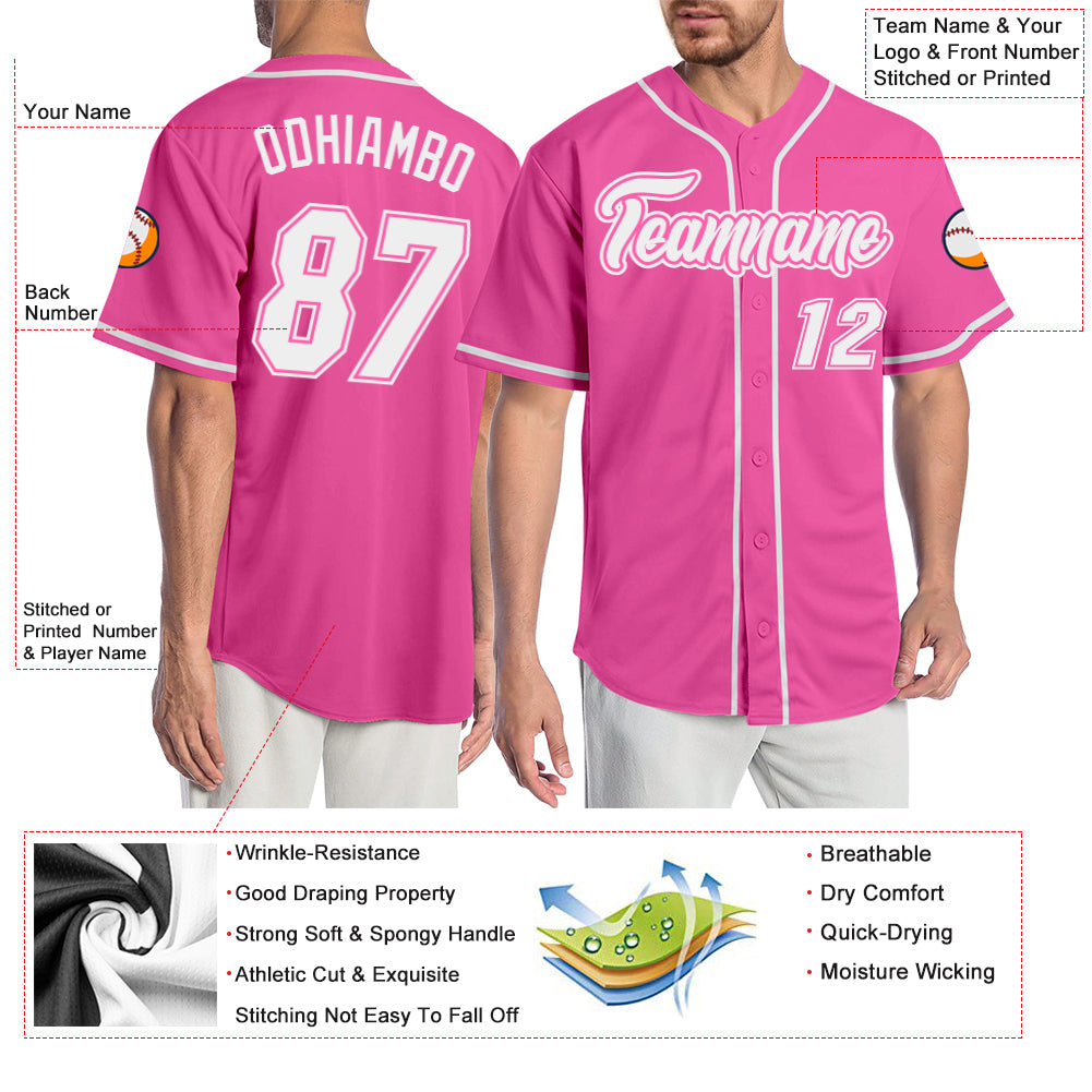 Custom Pink White Authentic Baseball Jersey view 3