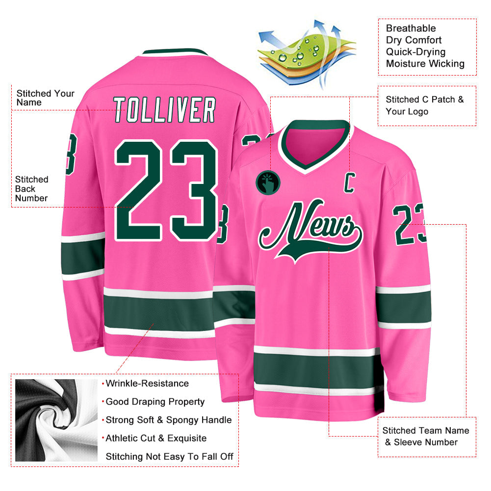 Custom Pink Green-White Hockey Jersey view 2