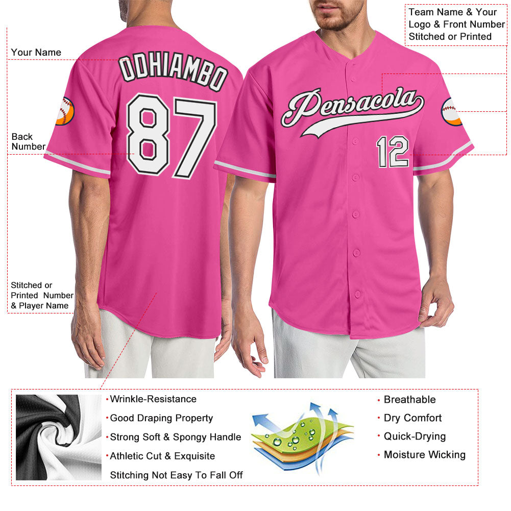 Custom Pink White-Black Authentic Baseball Jersey view 3