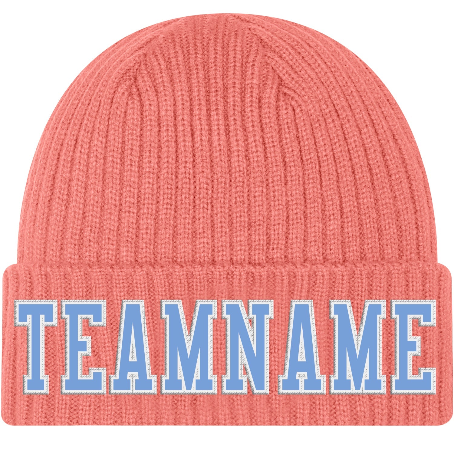 Custom Pink Light Blue-White Stitched Cuffed Knit Hat - Main View