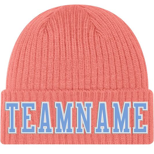 Custom Pink Light Blue-White Stitched Cuffed Knit Hat - Main View