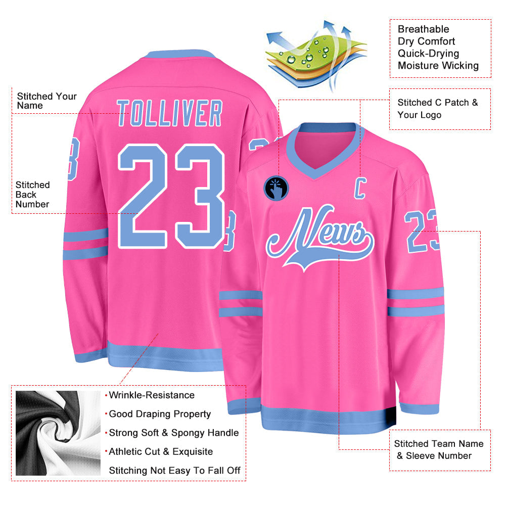 Custom Pink Light Blue-White Hockey Jersey view 2