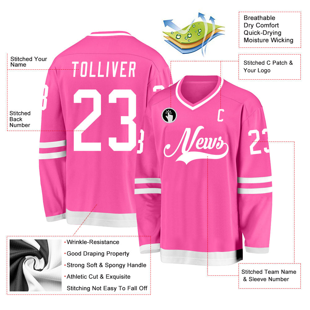 Custom Pink White Hockey Jersey view 2