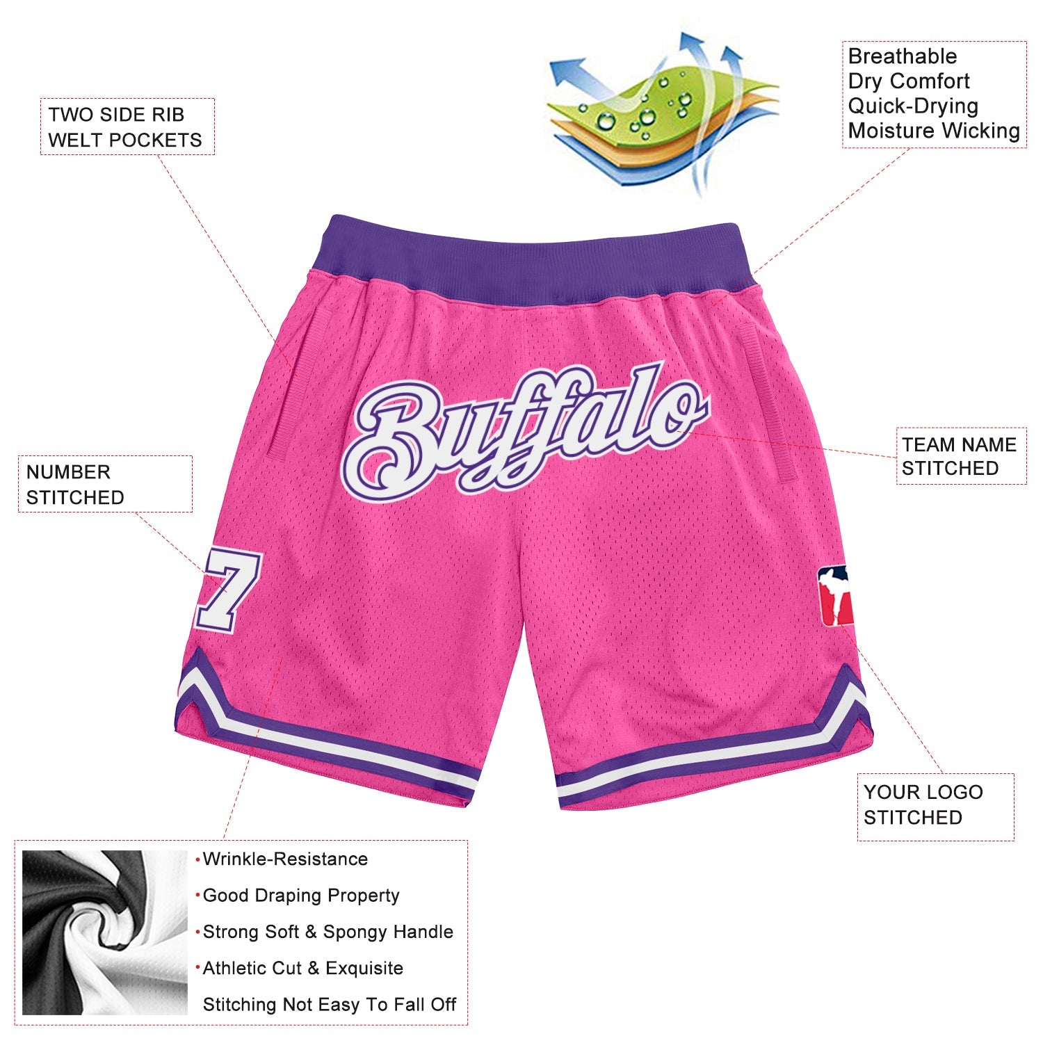 Custom Pink White-Purple Authentic Throwback Basketball Shorts view 2