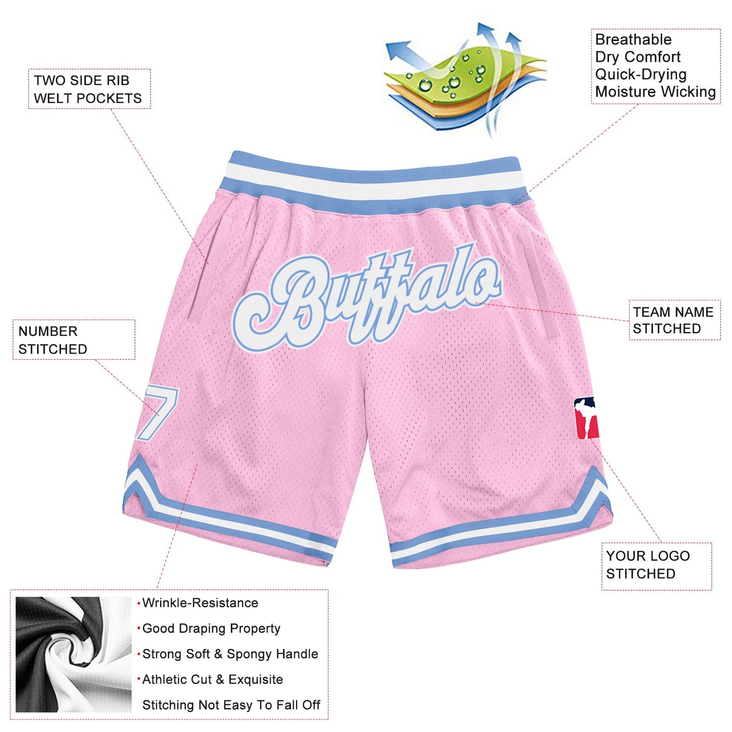 Custom Light Pink White-Light Blue Authentic Throwback Basketball Shorts view 2