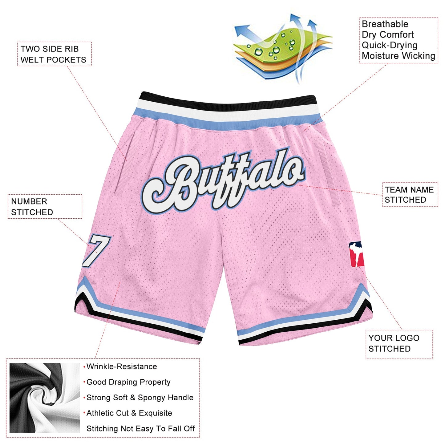 Custom Light Pink White-Light Blue Authentic Throwback Basketball Shorts view 2