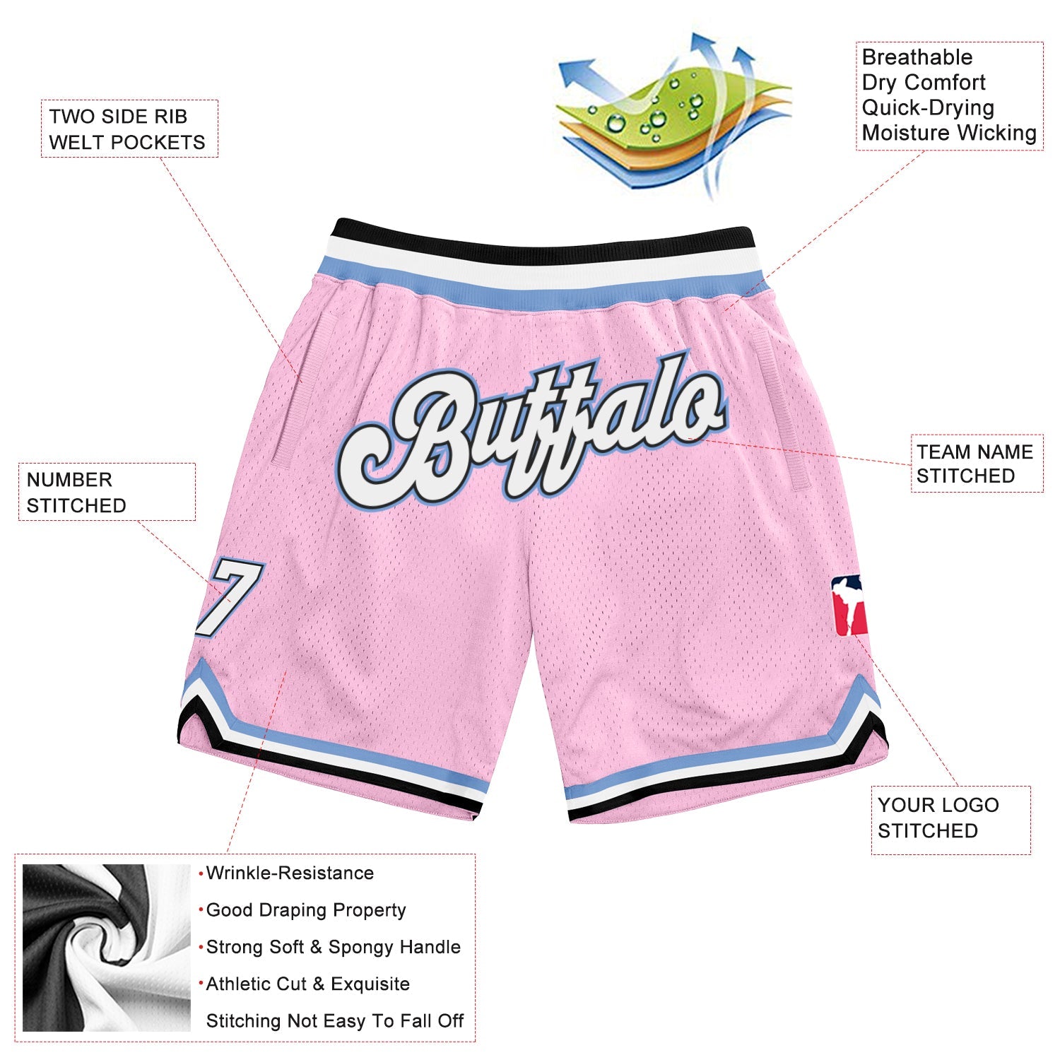 Custom Light Pink White-Light Blue Authentic Throwback Basketball Shorts view 2