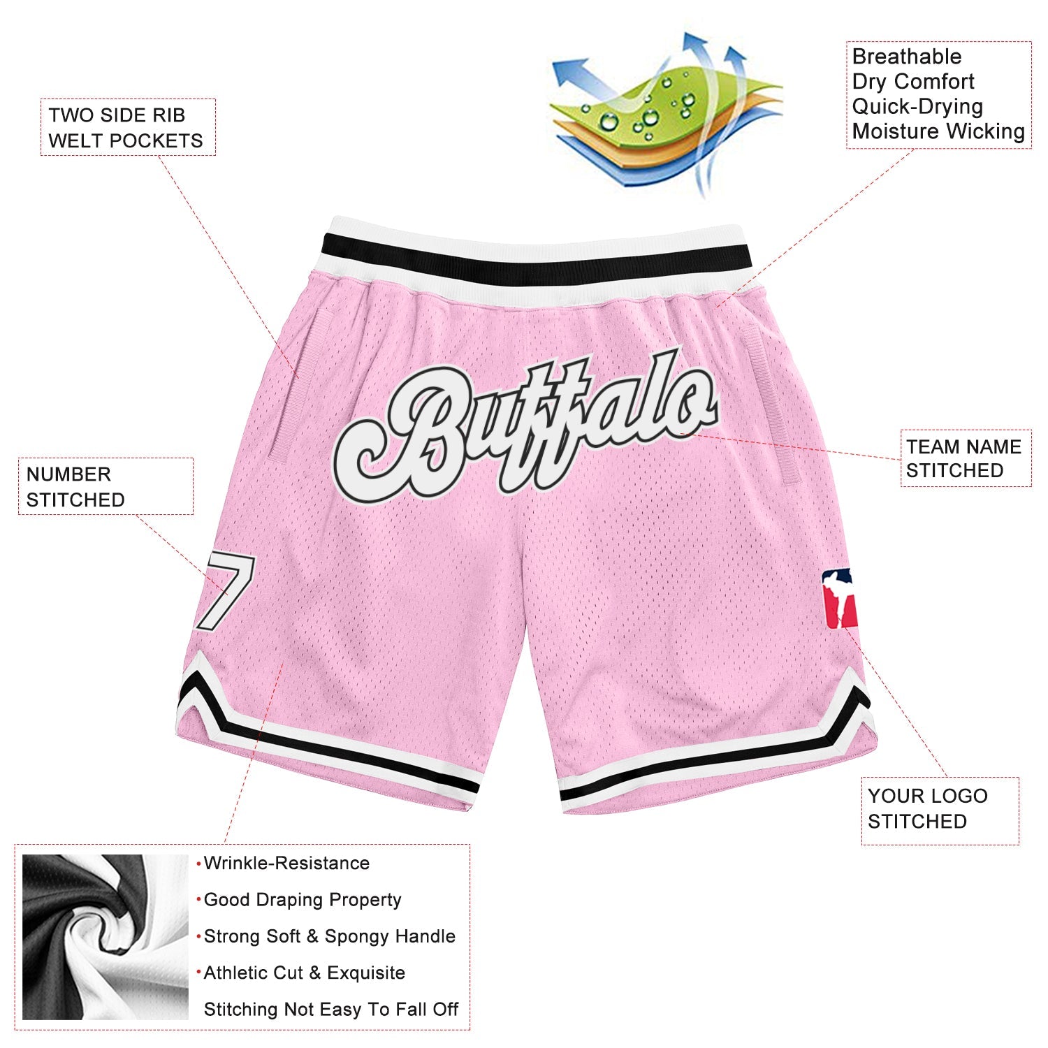 Custom Light Pink White-Black Authentic Throwback Basketball Shorts view 2