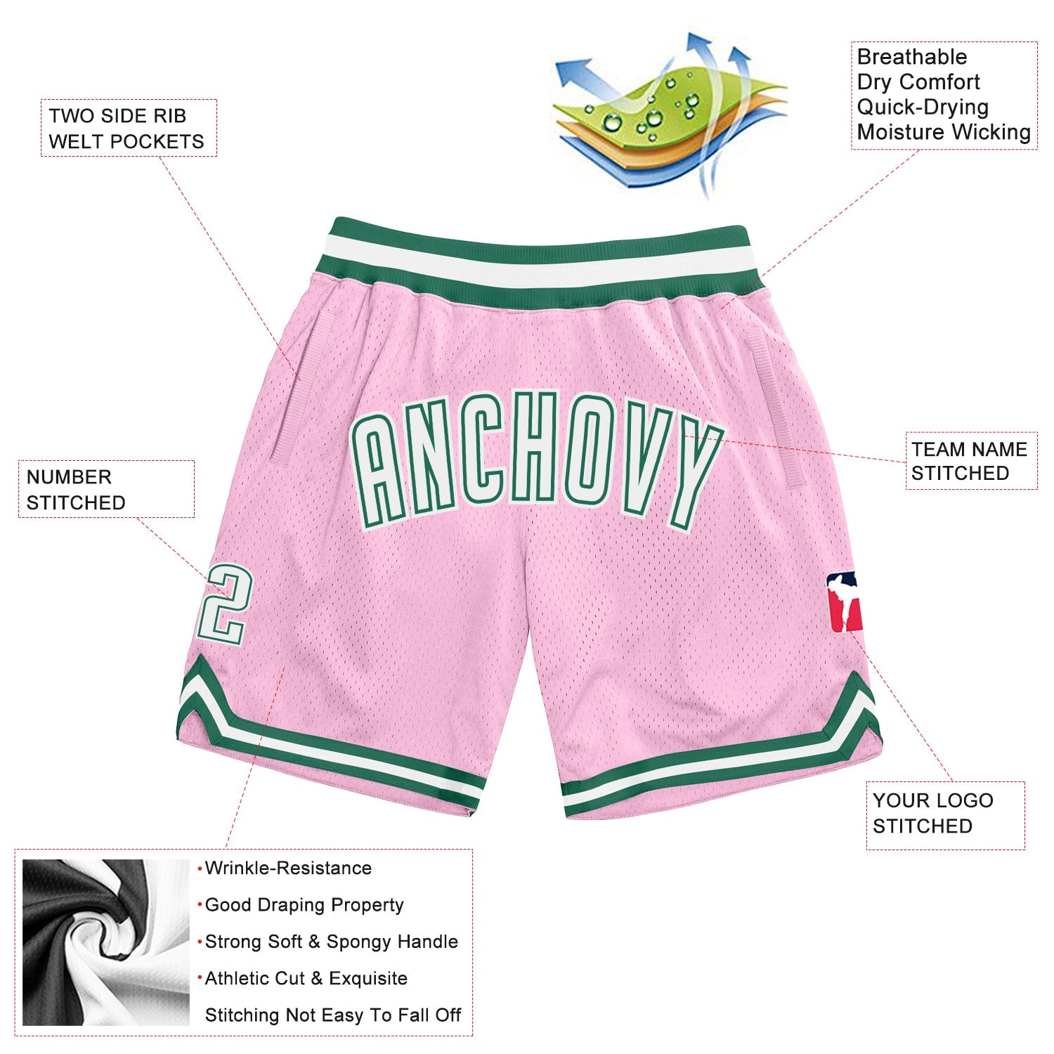 Custom Light Pink White-Kelly Green Authentic Throwback Basketball Shorts view 2