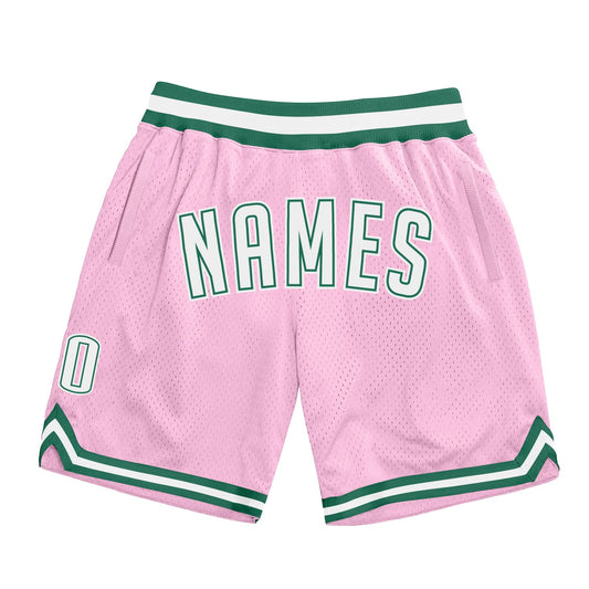 Custom Light Pink White-Kelly Green Authentic Throwback Basketball Shorts - Main View