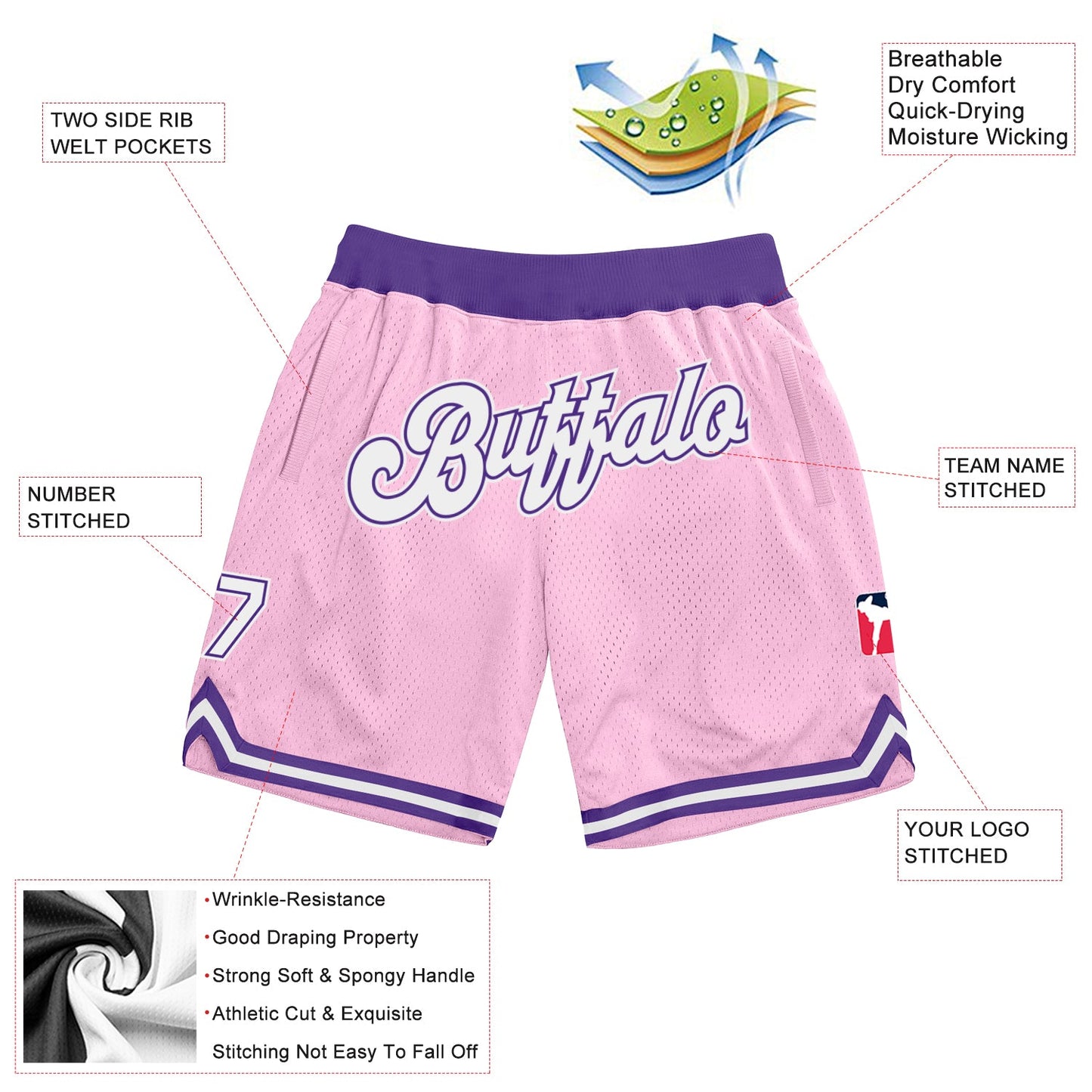 Custom Light Pink White-Purple Authentic Throwback Basketball Shorts view 2