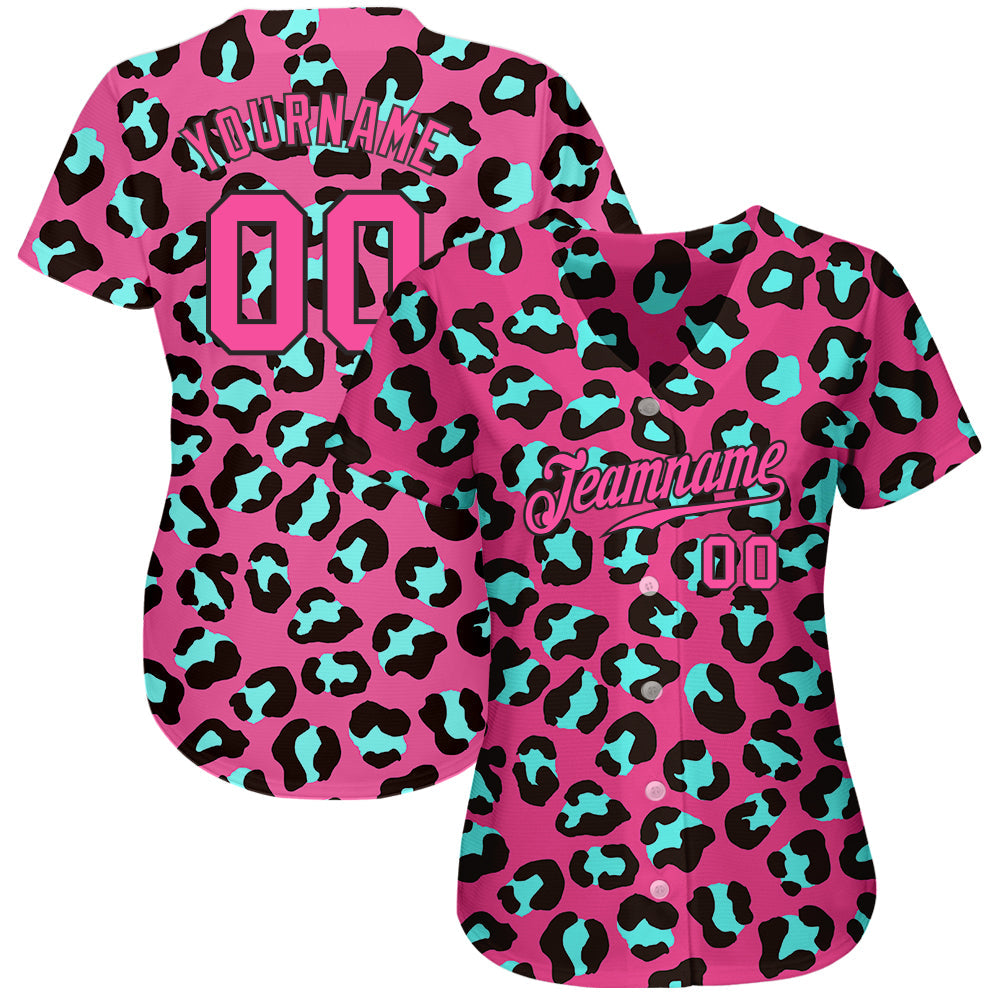 Custom Pink Pink-Black 3D Pattern Design Leopard Authentic Baseball Jersey view 2