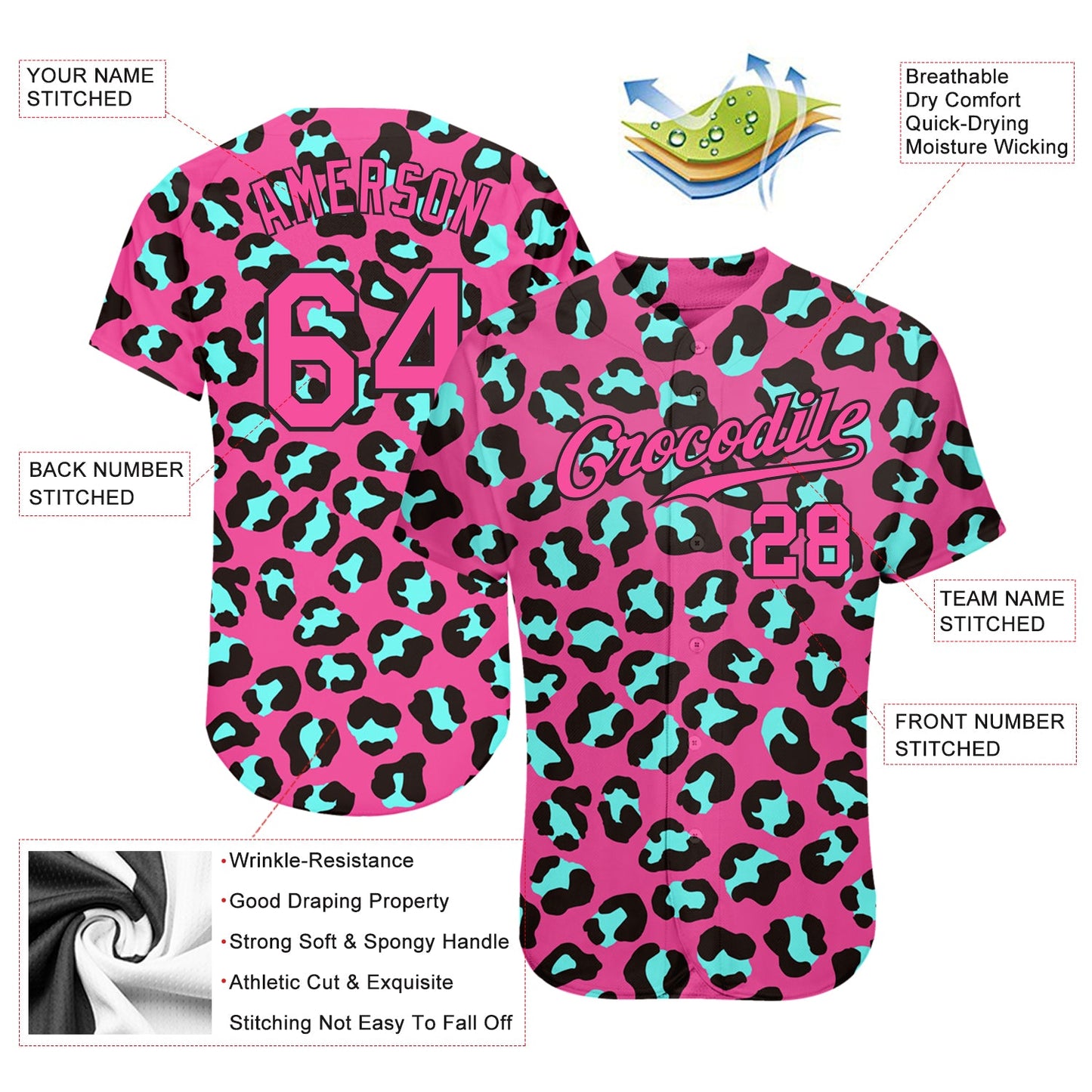 Custom Pink Pink-Black 3D Pattern Design Leopard Authentic Baseball Jersey view 3