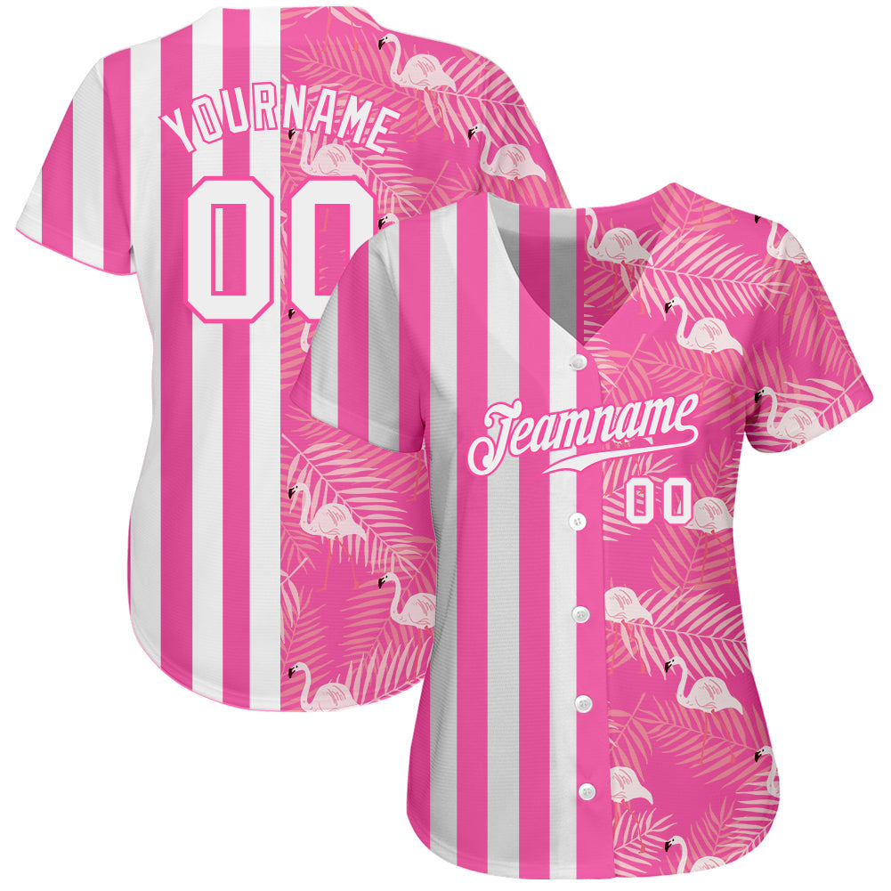 Custom Pink White 3D Pattern Design Tropical Palm Leaves And Famingo Authentic Baseball Jersey view 2