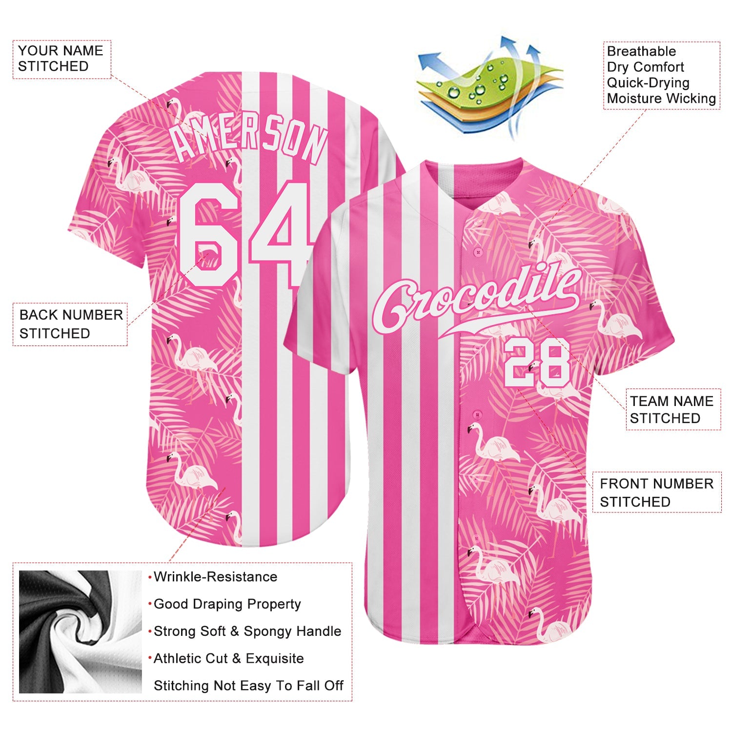 Custom Pink White 3D Pattern Design Tropical Palm Leaves And Famingo Authentic Baseball Jersey view 3
