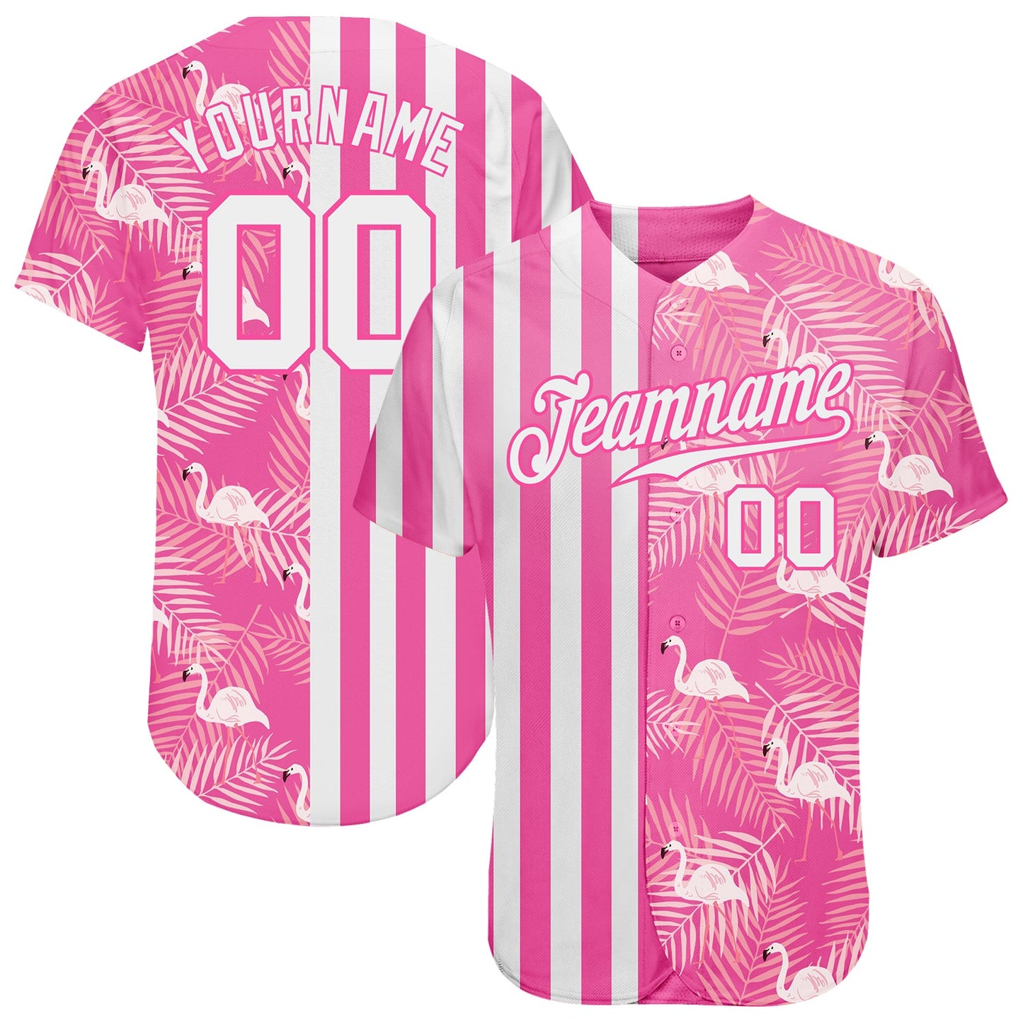 Custom Pink White 3D Pattern Design Tropical Palm Leaves And Famingo Authentic Baseball Jersey - Main View