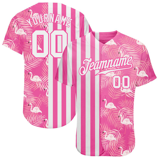 Custom Pink White 3D Pattern Design Tropical Palm Leaves And Famingo Authentic Baseball Jersey - Main View