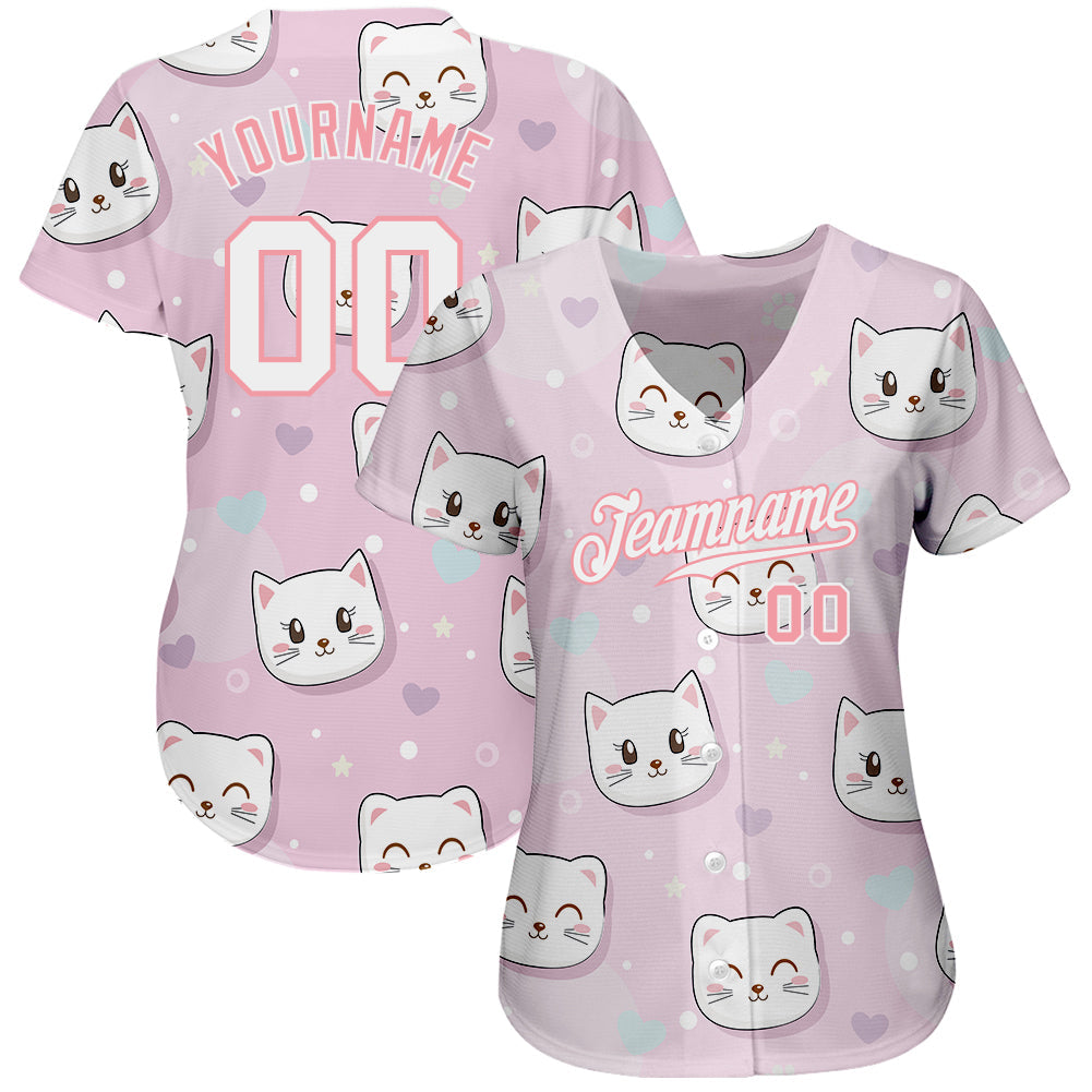 Custom Light Pink White-Light Pink 3D Pattern Design Cats Authentic Baseball Jersey view 2