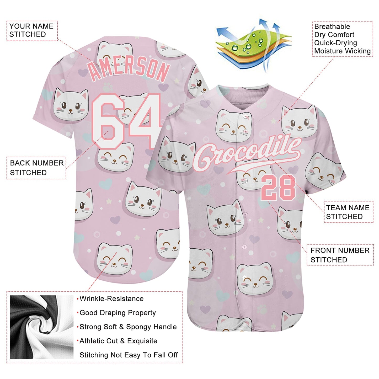 Custom Light Pink White-Light Pink 3D Pattern Design Cats Authentic Baseball Jersey view 3