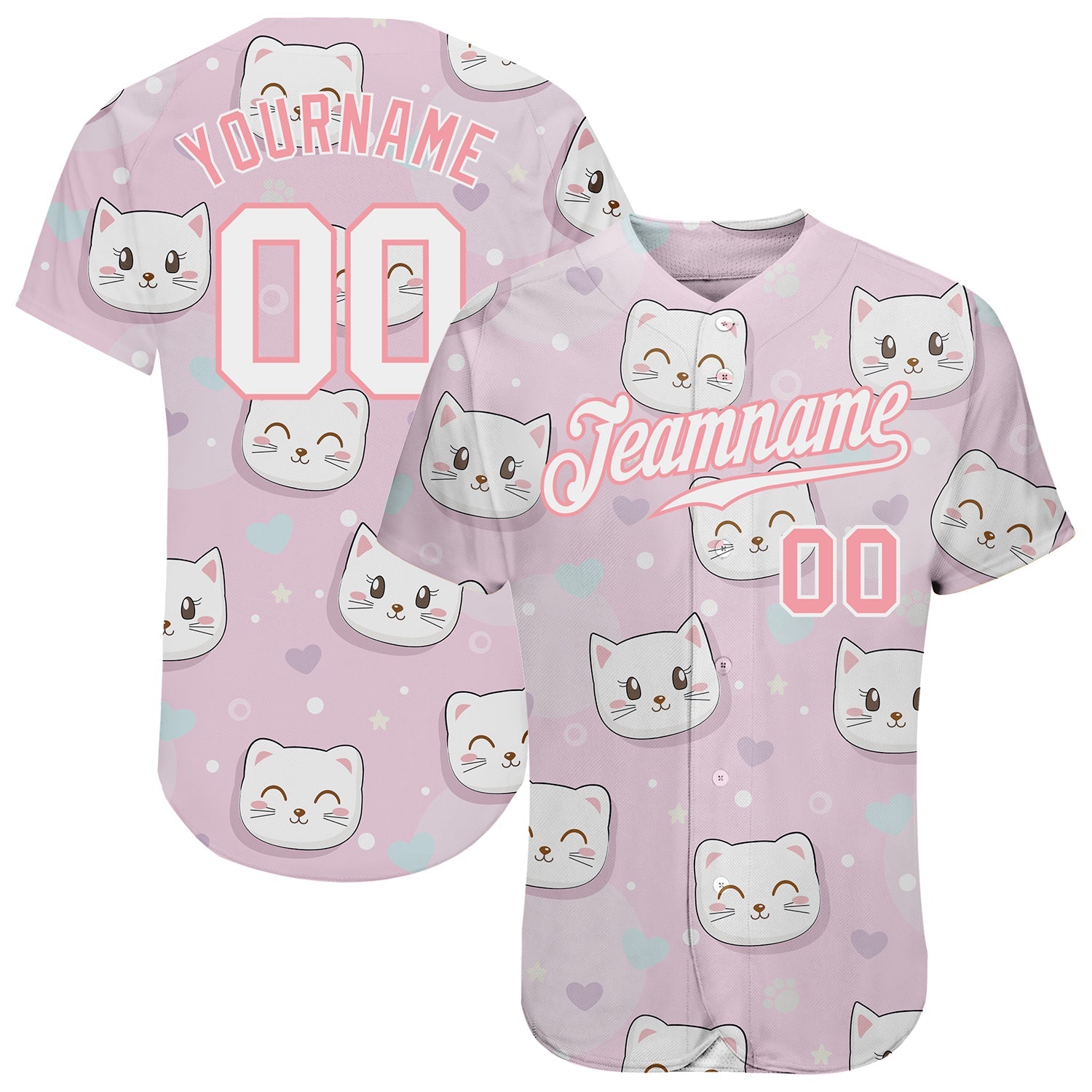 Custom Light Pink White-Light Pink 3D Pattern Design Cats Authentic Baseball Jersey - Main View