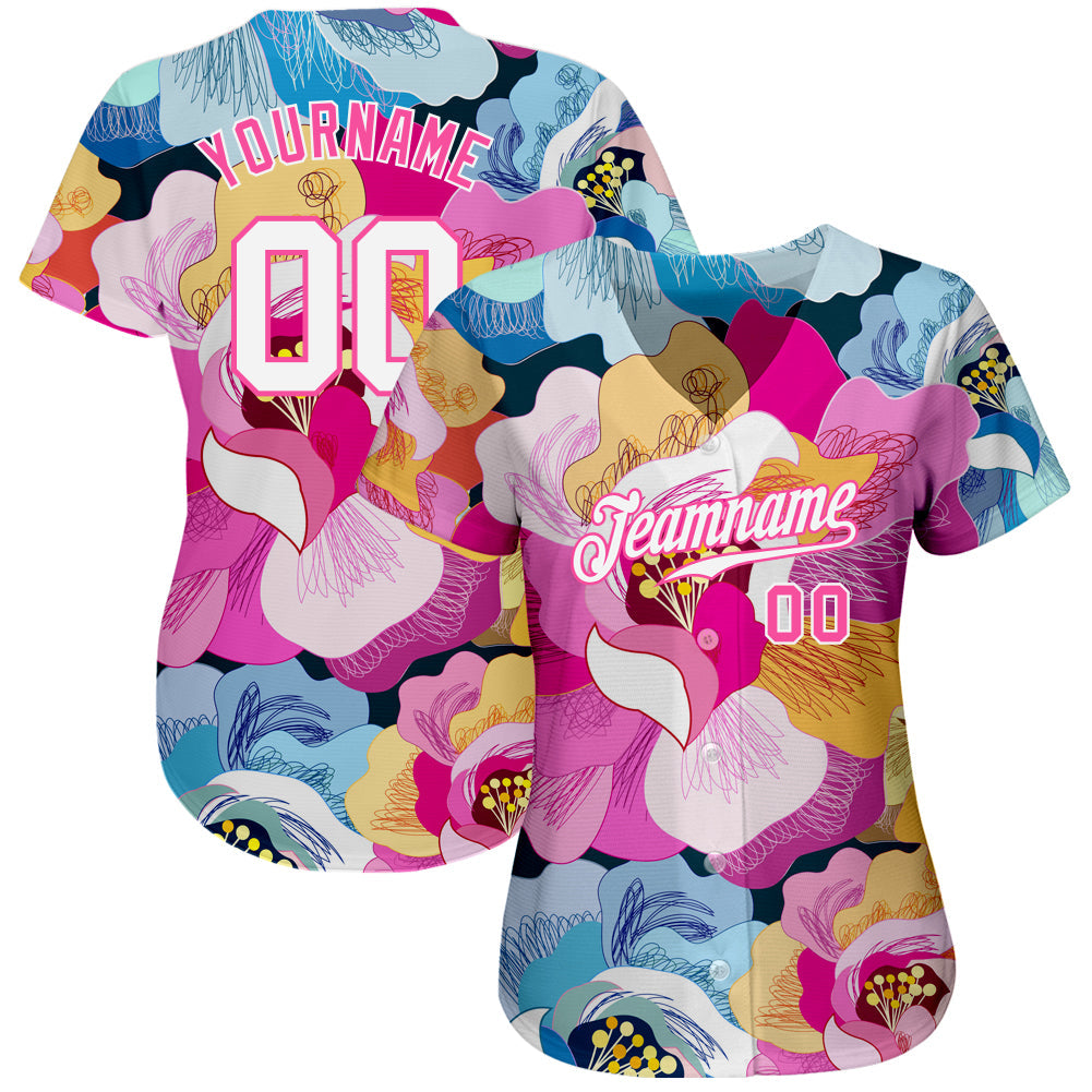 Custom Pink White-Pink 3D Pattern Design Flowers Authentic Baseball Jersey view 2