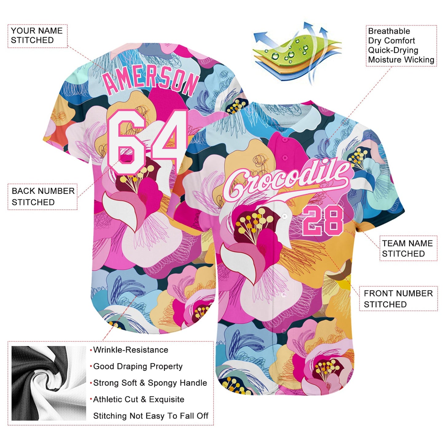 Custom Pink White-Pink 3D Pattern Design Flowers Authentic Baseball Jersey view 3