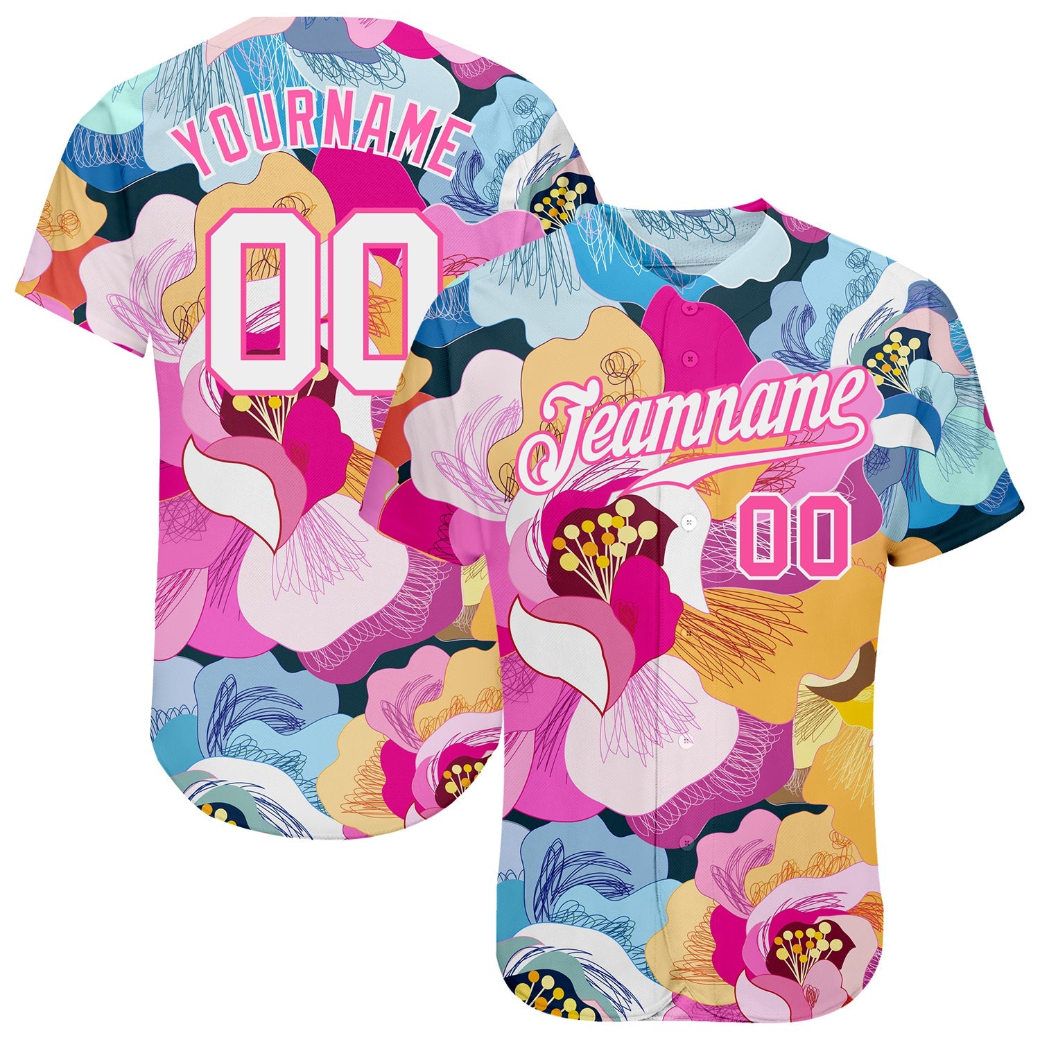 Custom Pink White-Pink 3D Pattern Design Flowers Authentic Baseball Jersey - Main View