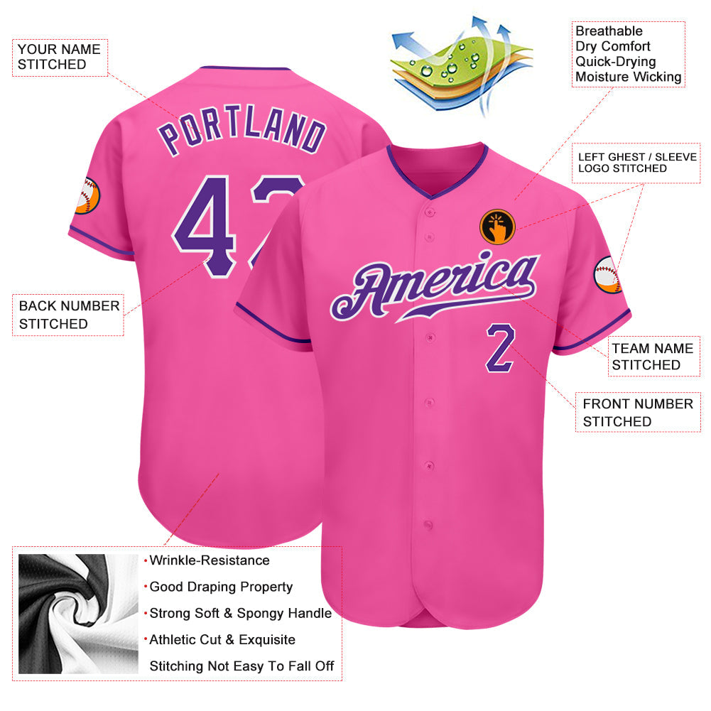 Custom Pink Purple-White Authentic Baseball Jersey view 3