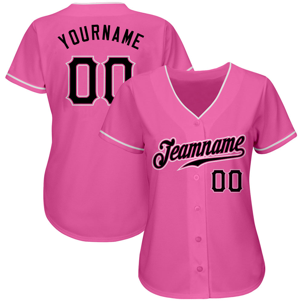 Custom Pink Black-White Authentic Baseball Jersey view 2