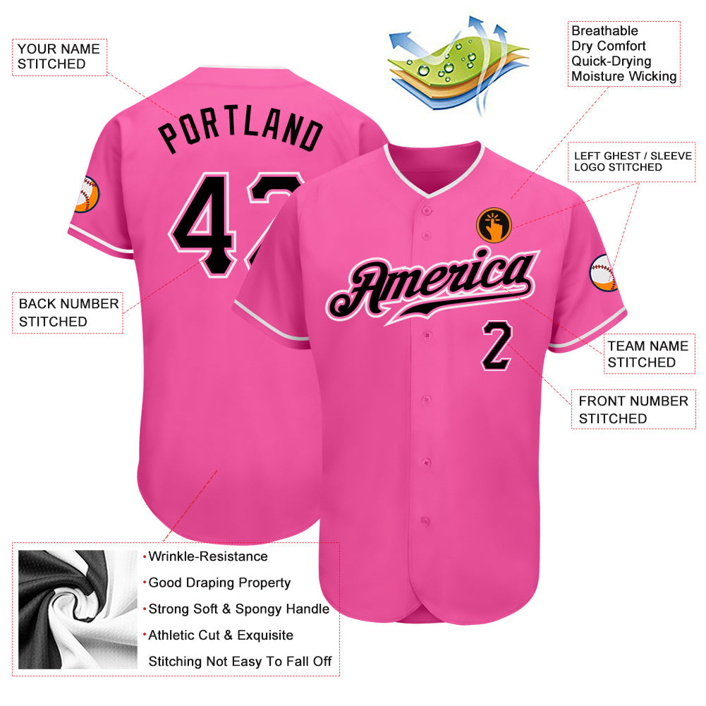 Custom Pink Black-White Authentic Baseball Jersey view 3