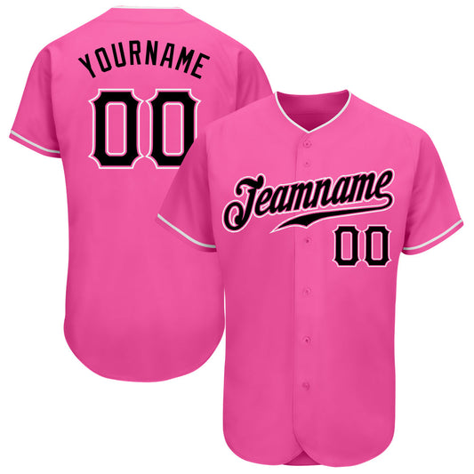 Custom Pink Black-White Authentic Baseball Jersey - Main View
