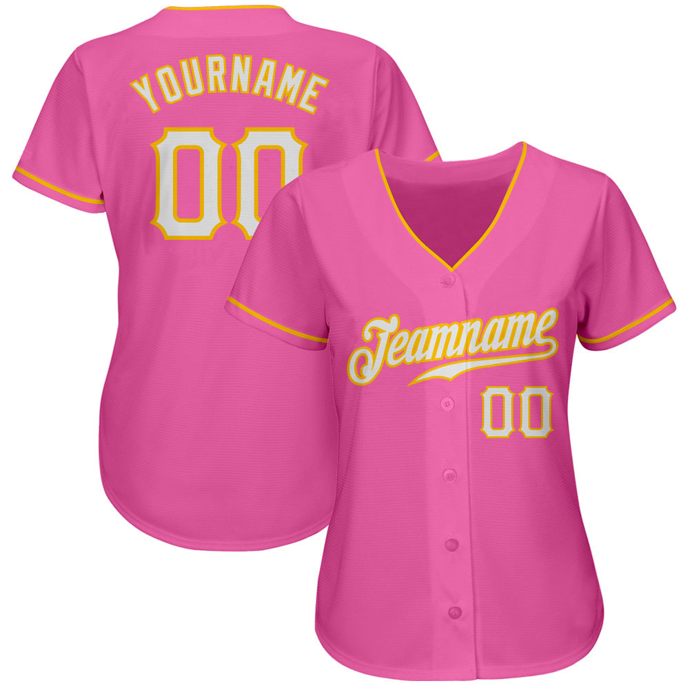 Custom Pink White-Gold Authentic Baseball Jersey view 2