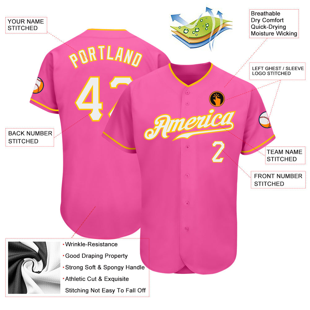 Custom Pink White-Gold Authentic Baseball Jersey view 3